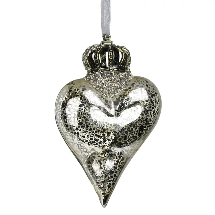 4" Silver Crowned Heart Glass Ornament