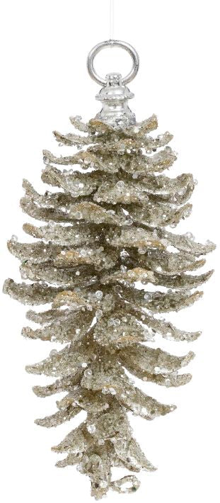 9" Platinum Pinecone Glittered Ornament