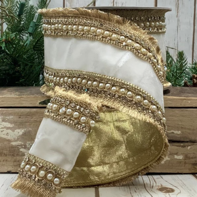 4"x5Y White Velvet Fringe Jewel Pearl Gold Trim