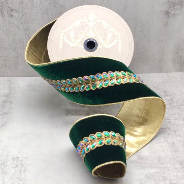 4"x5Y Ribbon Velvet Emerald Jewel Aurora Borealis Honey Locust Leaves