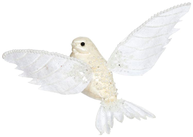 12" White Bird Pearl Glittered with Clip