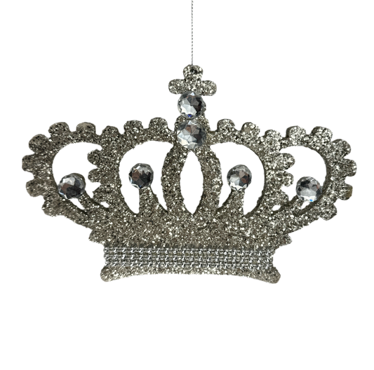 Silver glitter crown ornament, alternate view.