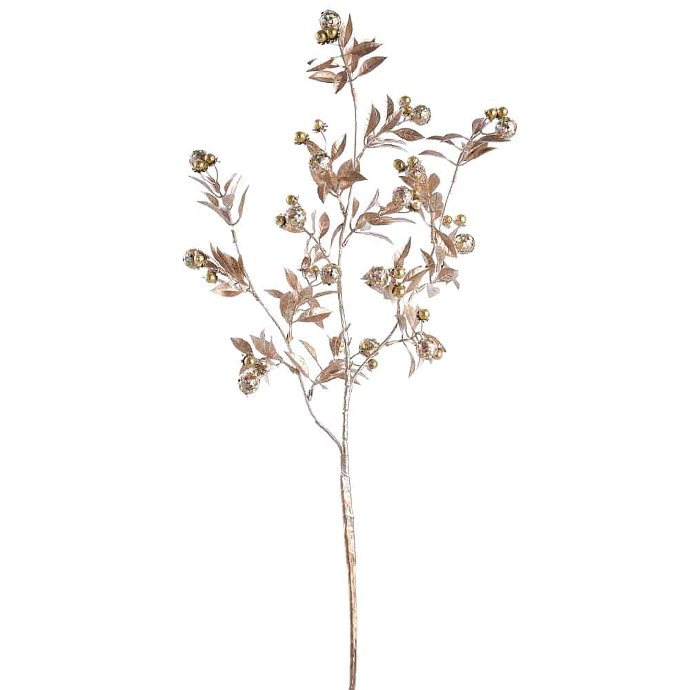 Gold glittered berry spray with crackle glass berries and metallic leaves, 29 inches