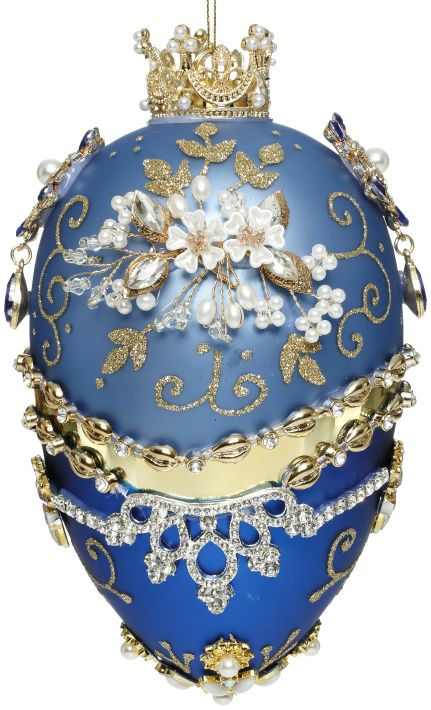 7.5" Blue Faberge Jewel Egg Ornament