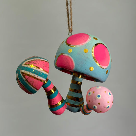 Pink and blue mushroom ornament, alternate view.