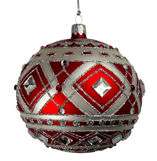 Red and silver jeweled lattice ball ornament.