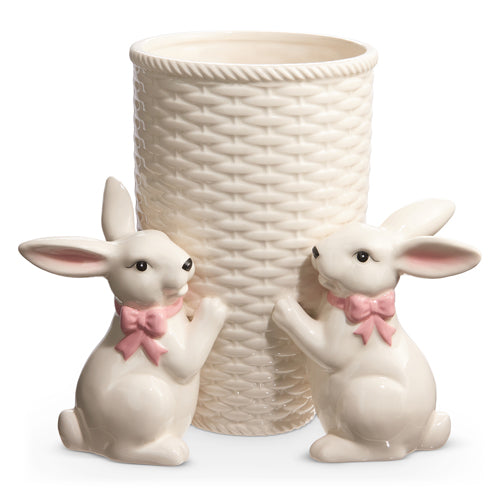 10" Basket Vase w/ Bunnies White
