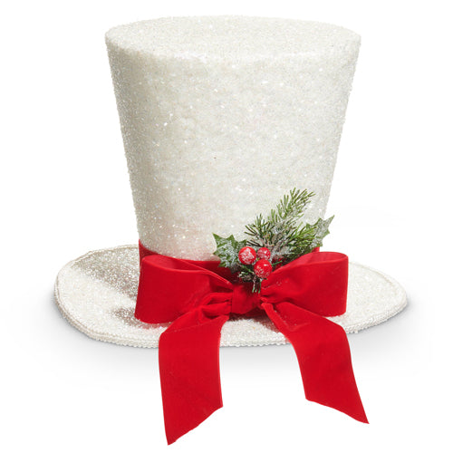 12" Top Hat Glitter White w/ Red Bow