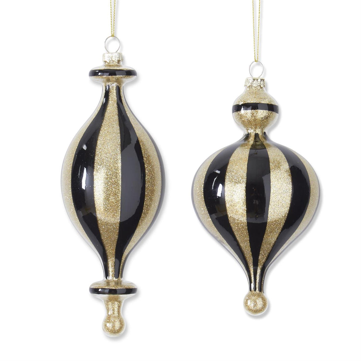 Black and gold glitter finial ornament with stripes, 7 inches