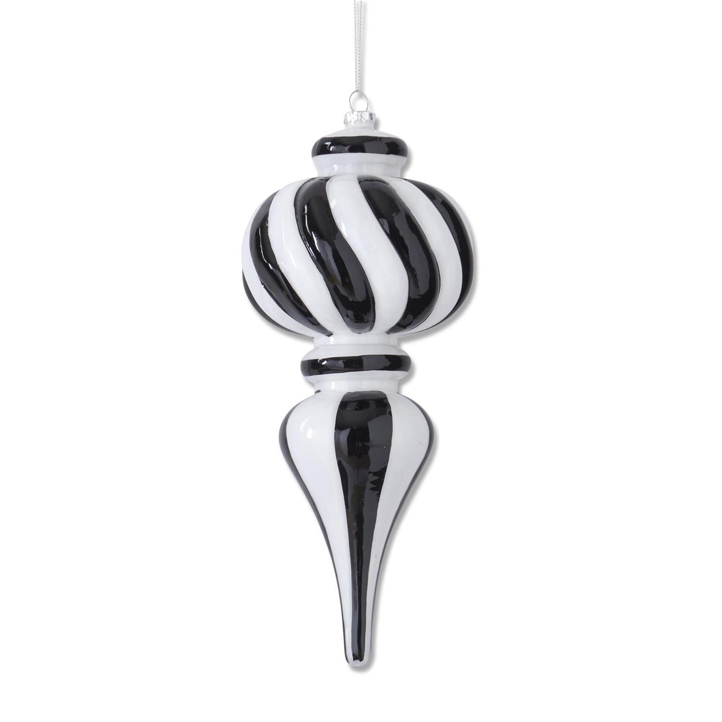 10" Finial Black & White Stripes Glass Ornament