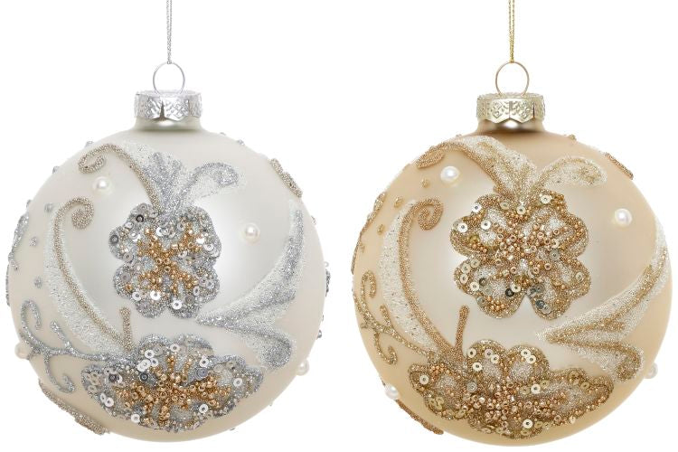 Champagne and ivory glass ornaments in a set of six.