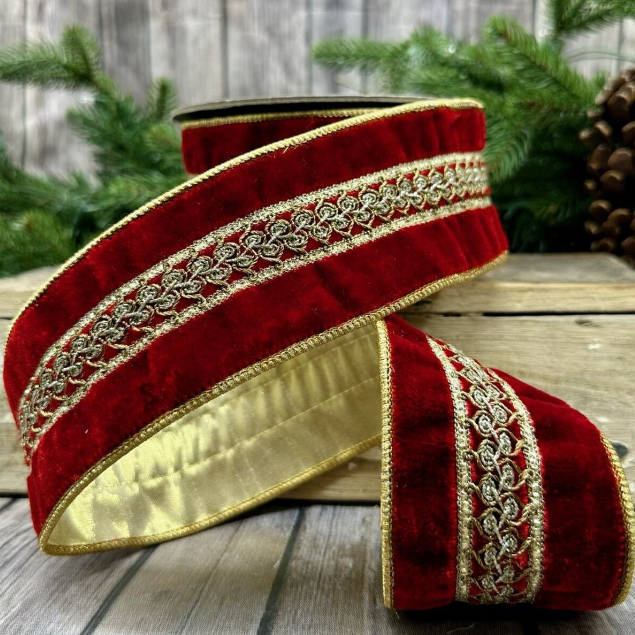 2.5"x5Y Red Velvet Gold Center Trim Ribbon