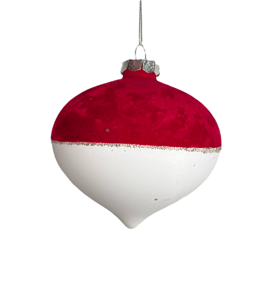 Red and white flocked matte ornament, assorted design, alternate view.
