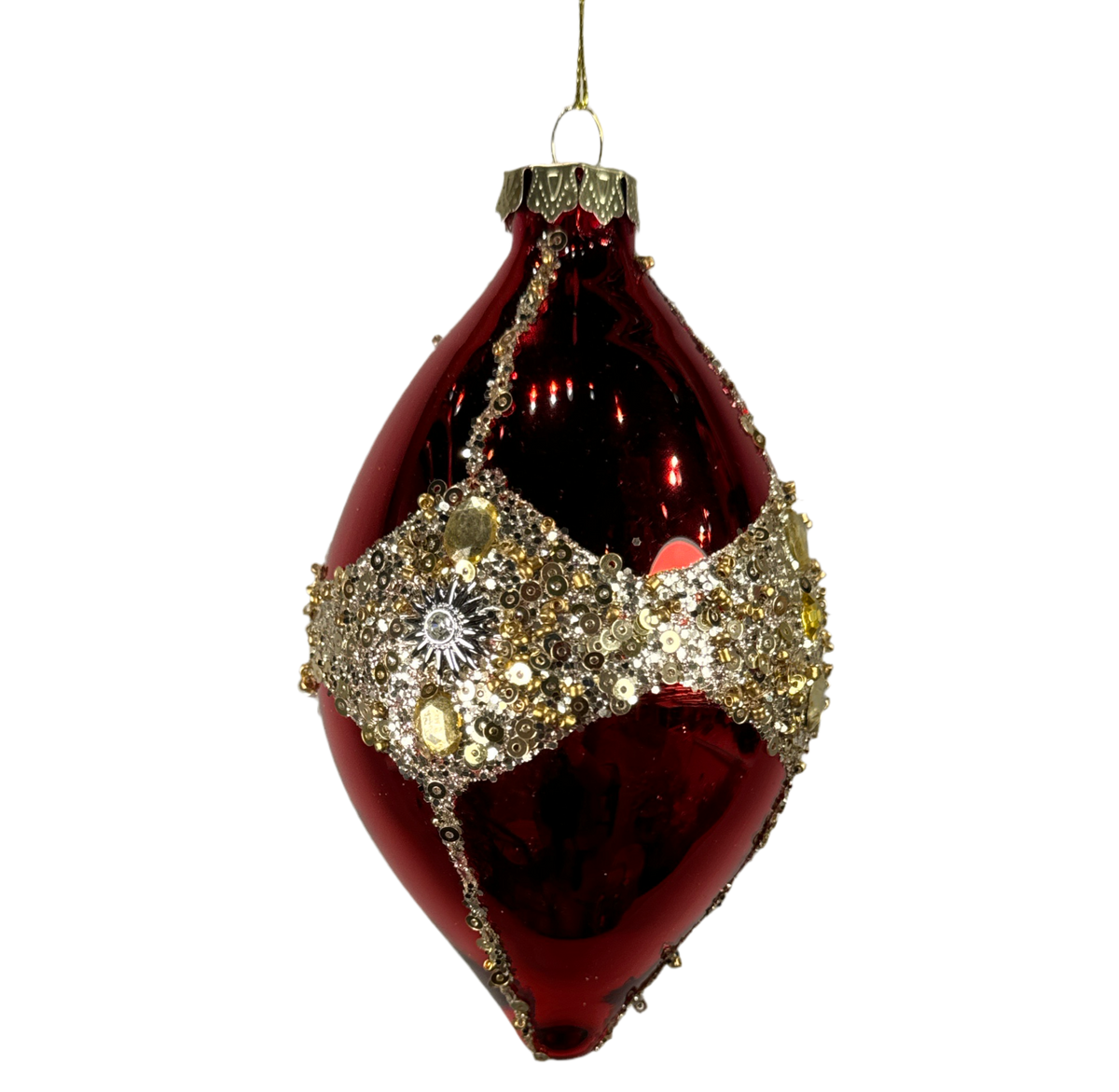 Red glass finial ornament with a jeweled gold band.