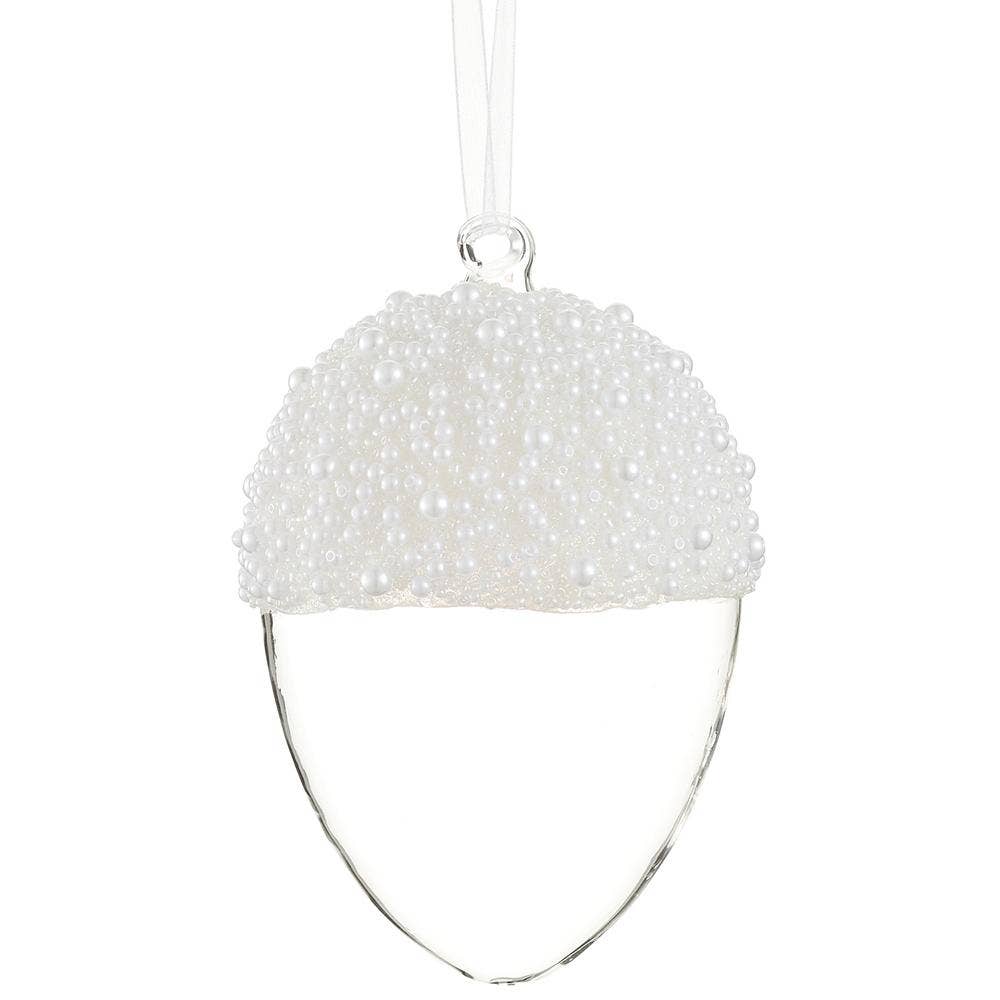 Pearl glass egg ornament with beaded pearl top, 4.5 inches