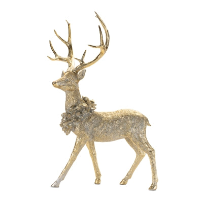 Gold resin deer figurine standing with a wreath collar.
