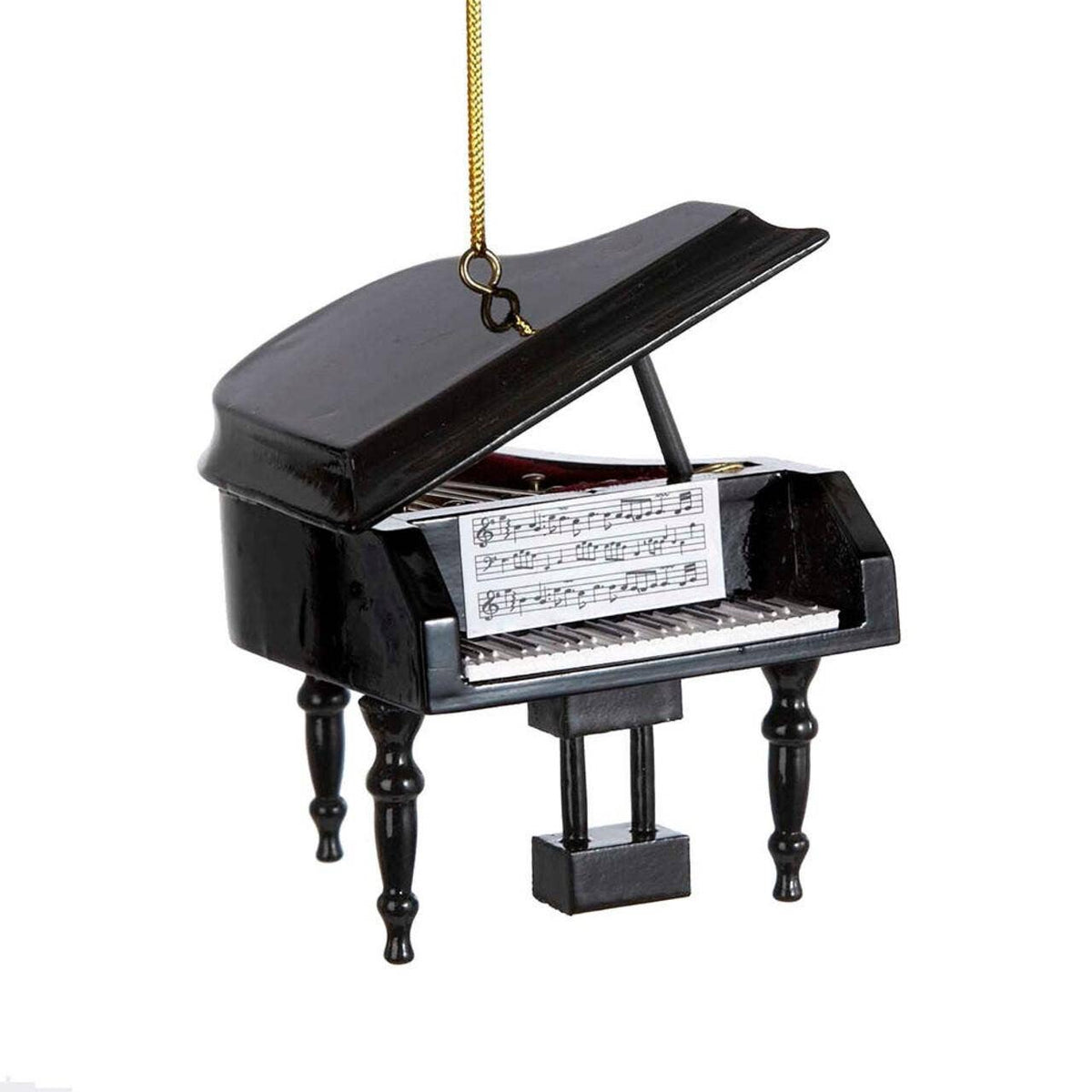 Black grand piano ornament with sheet music detail, 3 inches