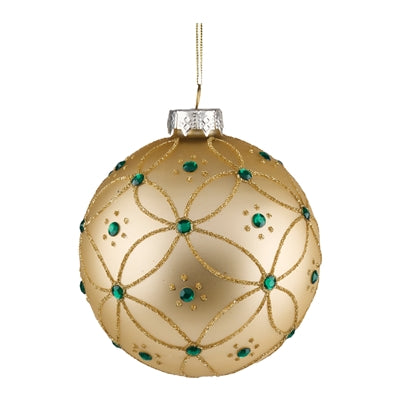 4" Gold Green Gem Ball Glass Ornament
