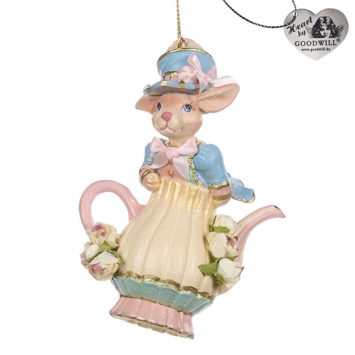 5" Candy Rabbit in Teapot Ornament Cream Blue Pink