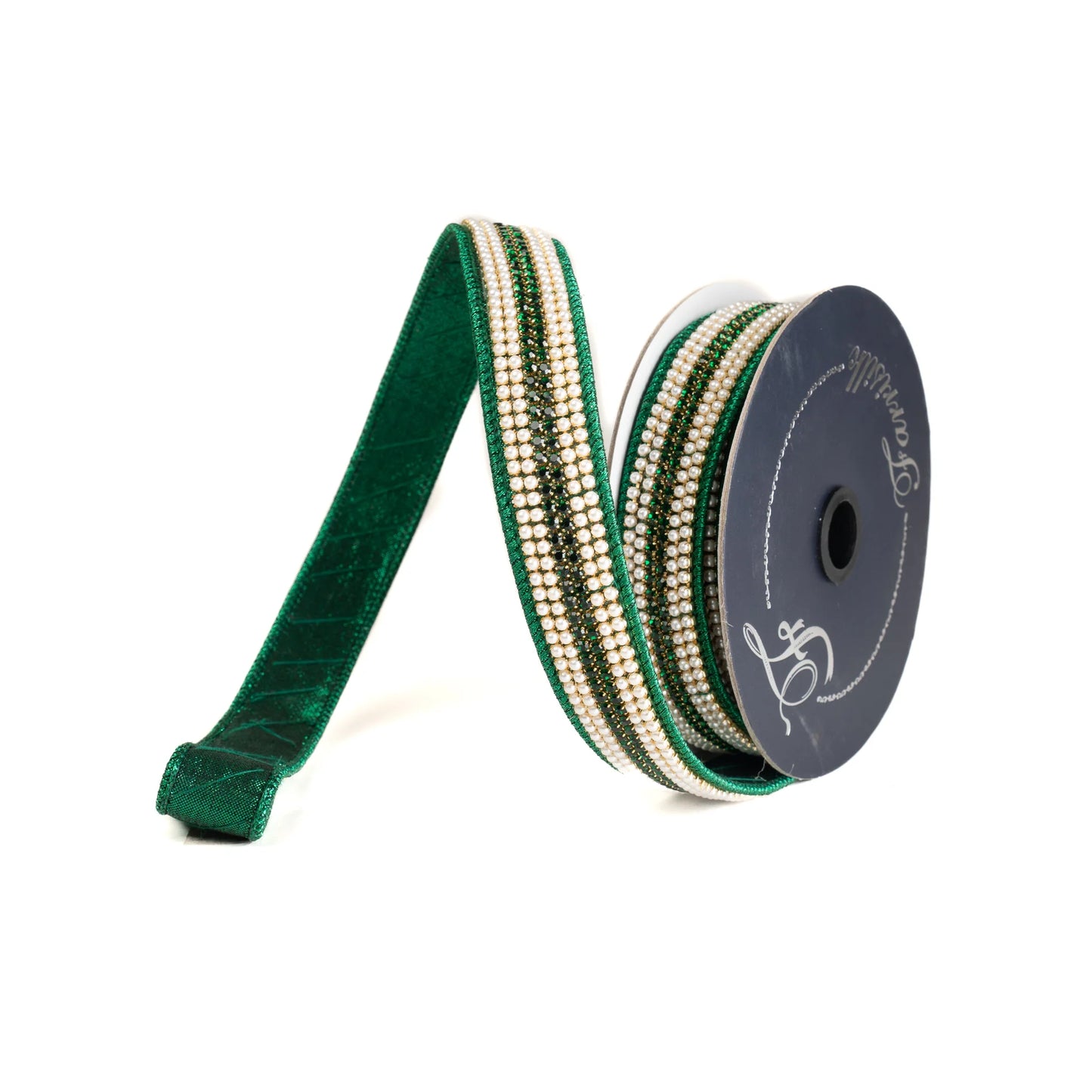 1”x5Y Emerald Pearls & Gems Ribbon