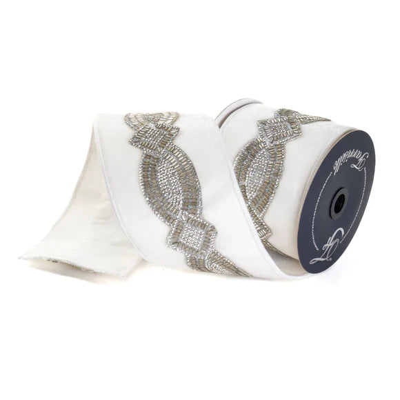 4”x5Y White Silver Diamond Deco Ribbon