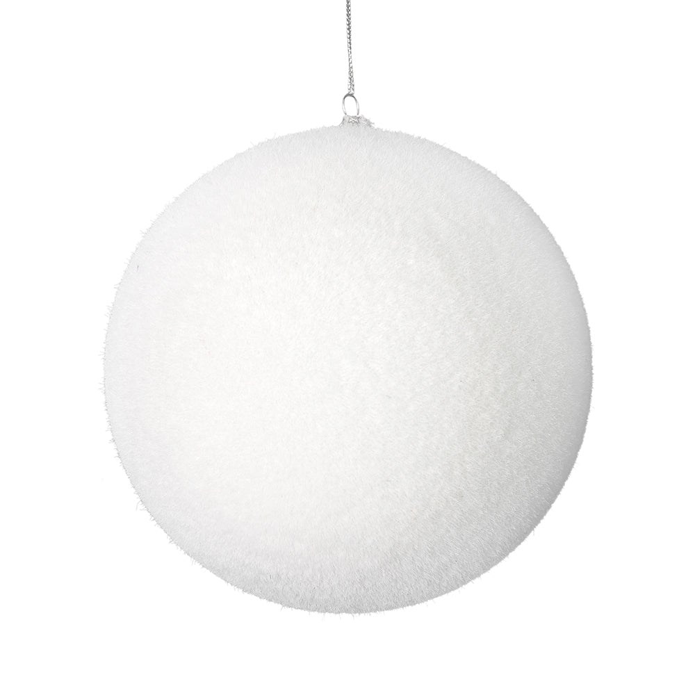 White flocked ball ornament with a soft velvety finish.