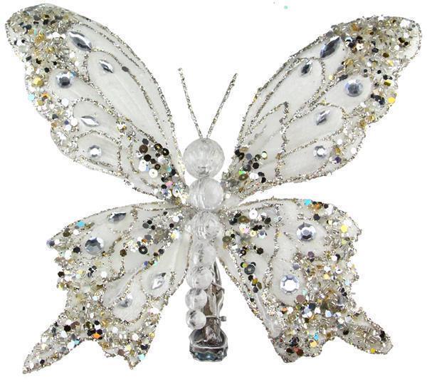 8.5" White Butterfly w/ Clip Glitter Fabric