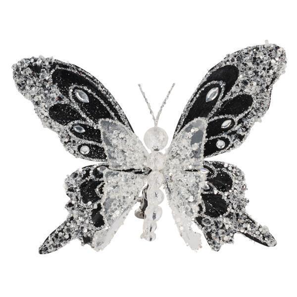 Black butterfly clip-on ornament with an icy finish.