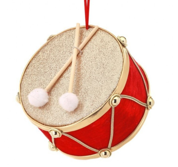 6" Drum Red Velvet Gold Glitter Ornament
