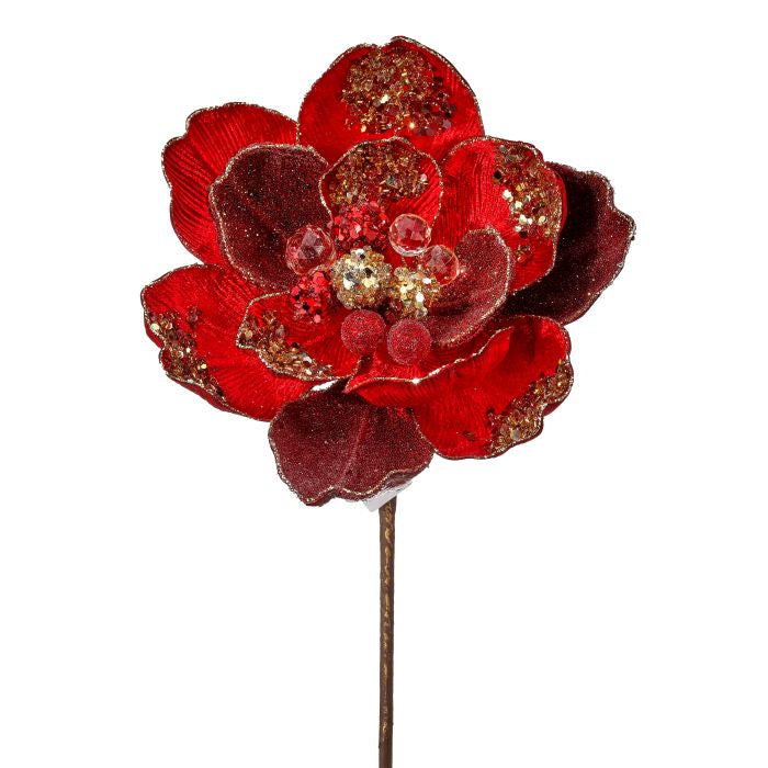 Red and gold magnolia stem with an iced encrusted finish.