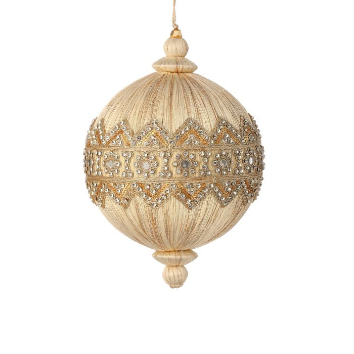 Cream lace thread ball ornament with jewel accents.