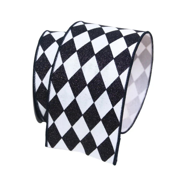 4"x10Y Black & White Glitter Jester Diamonds Ribbon