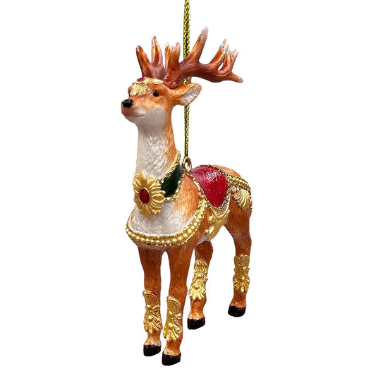Brown glass reindeer ornament, front view showing the gold medallion collar and red saddle blanket.