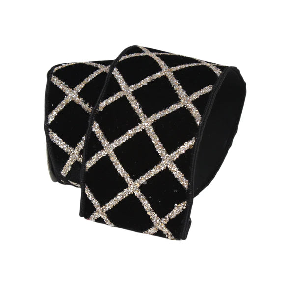 4"x5Y Black Velvet Glitter Lattice Ribbon