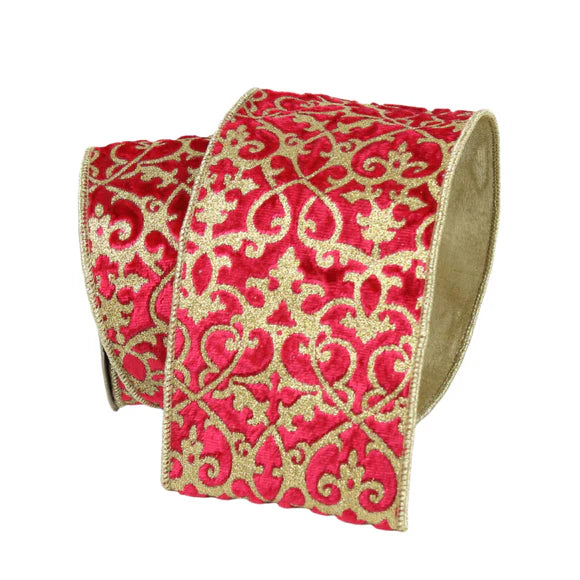 4"x10Y Red Gold Ribbon Mini Acanthus