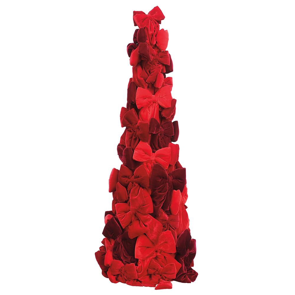 Red velvet bow topiary with a sculpted silhouette.