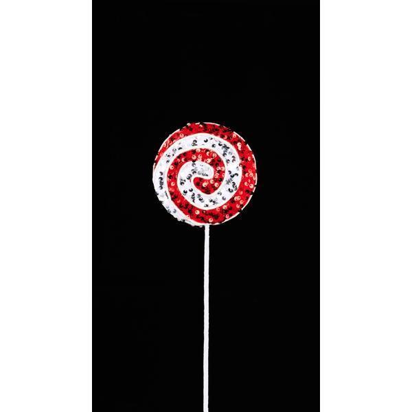 Red and white sequin lollipop swirl pick.