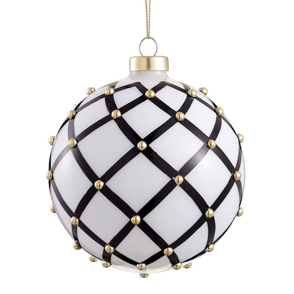 5" Black White Gold Beaded Glass Ball Ornament