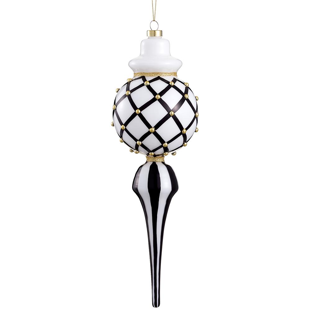 13" Finial Glass Black White Gold Beaded