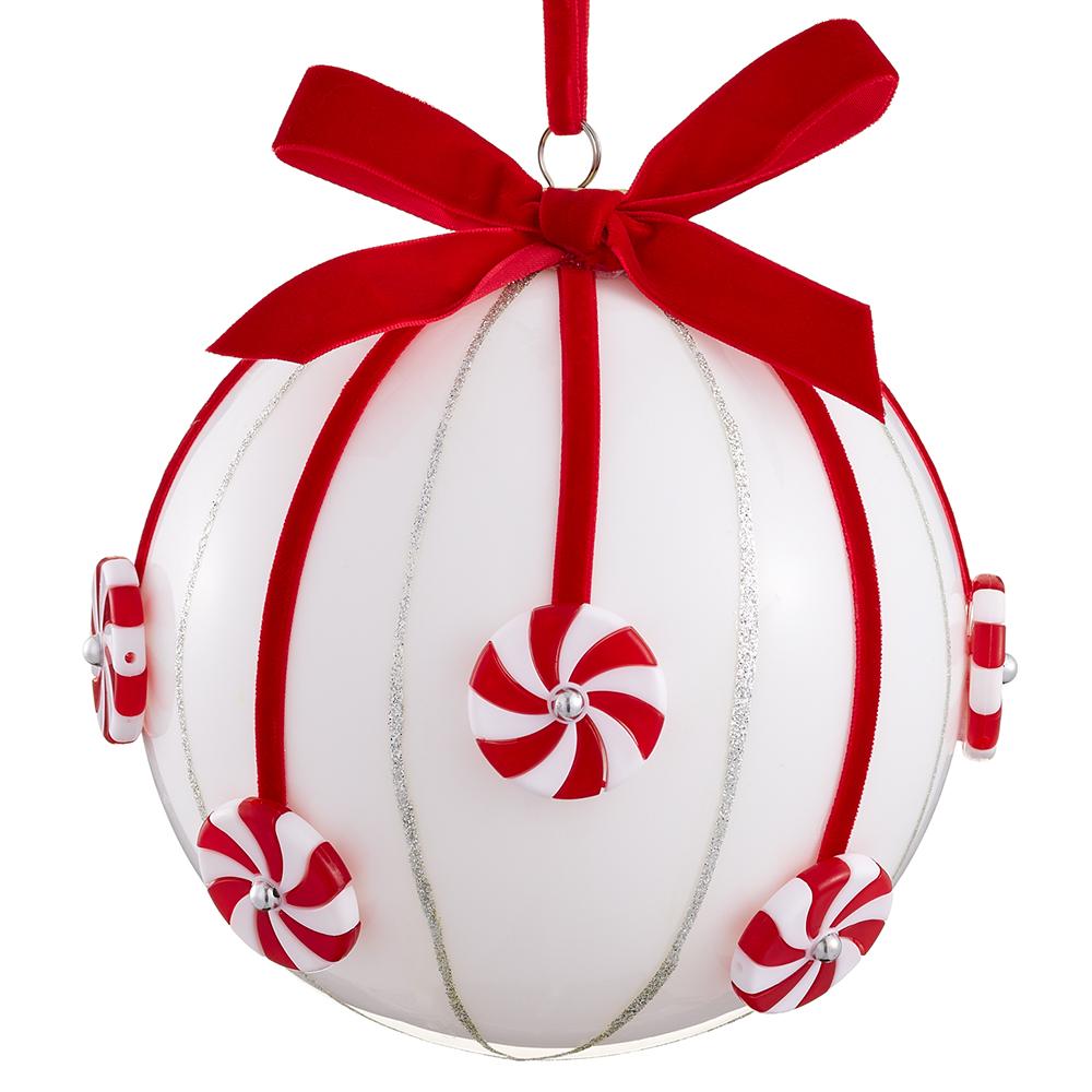 6" Candy Glass Ball Ornament White Red