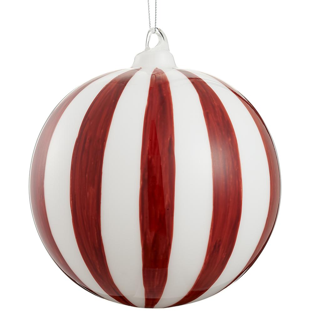 6" Red White Stripes Glass Ball Ornament