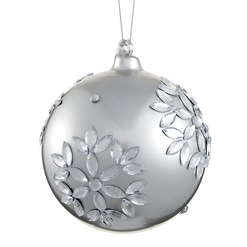 4" Silver Rhinestone Glass Ball Ornament