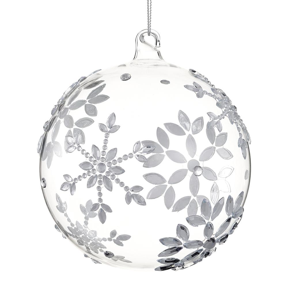 5" Clear Snowflake Silver Rhinestone Glass Ball Ornament