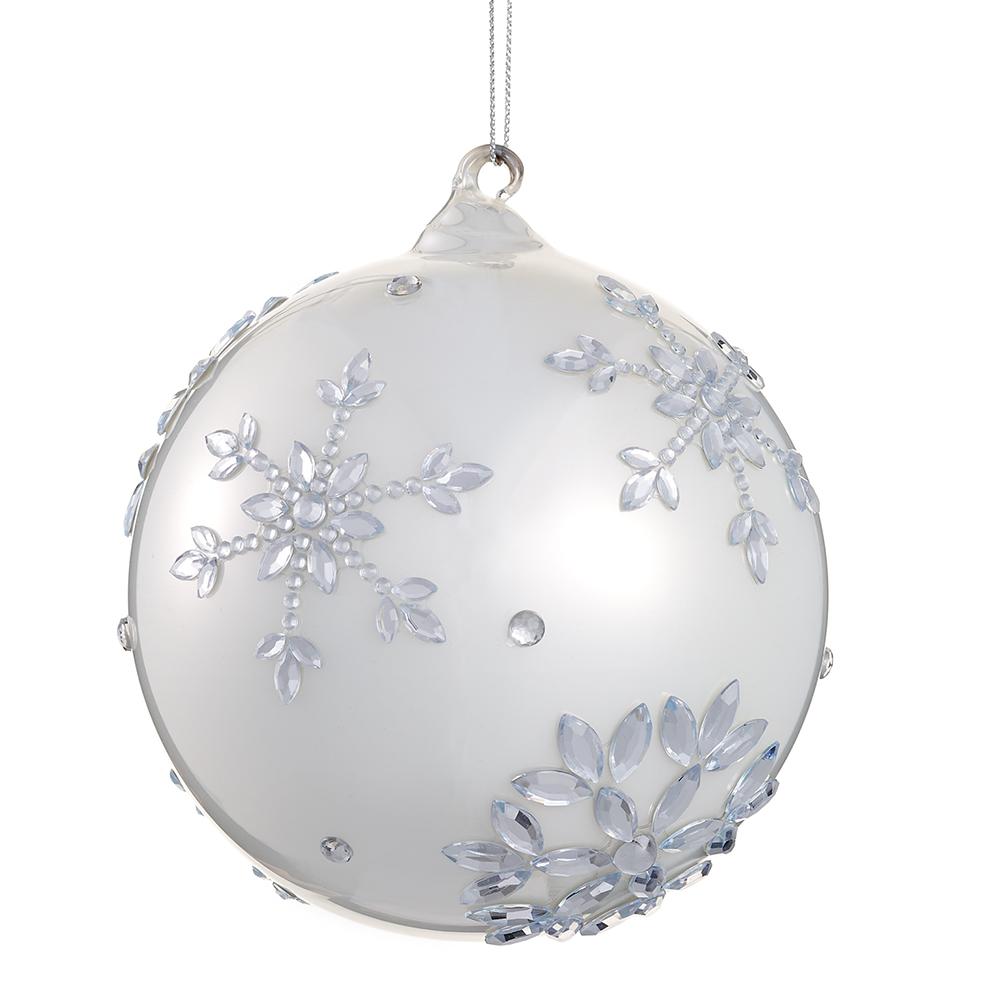 5" White Snowflake Silver Rhinestone Glass Ball Ornament