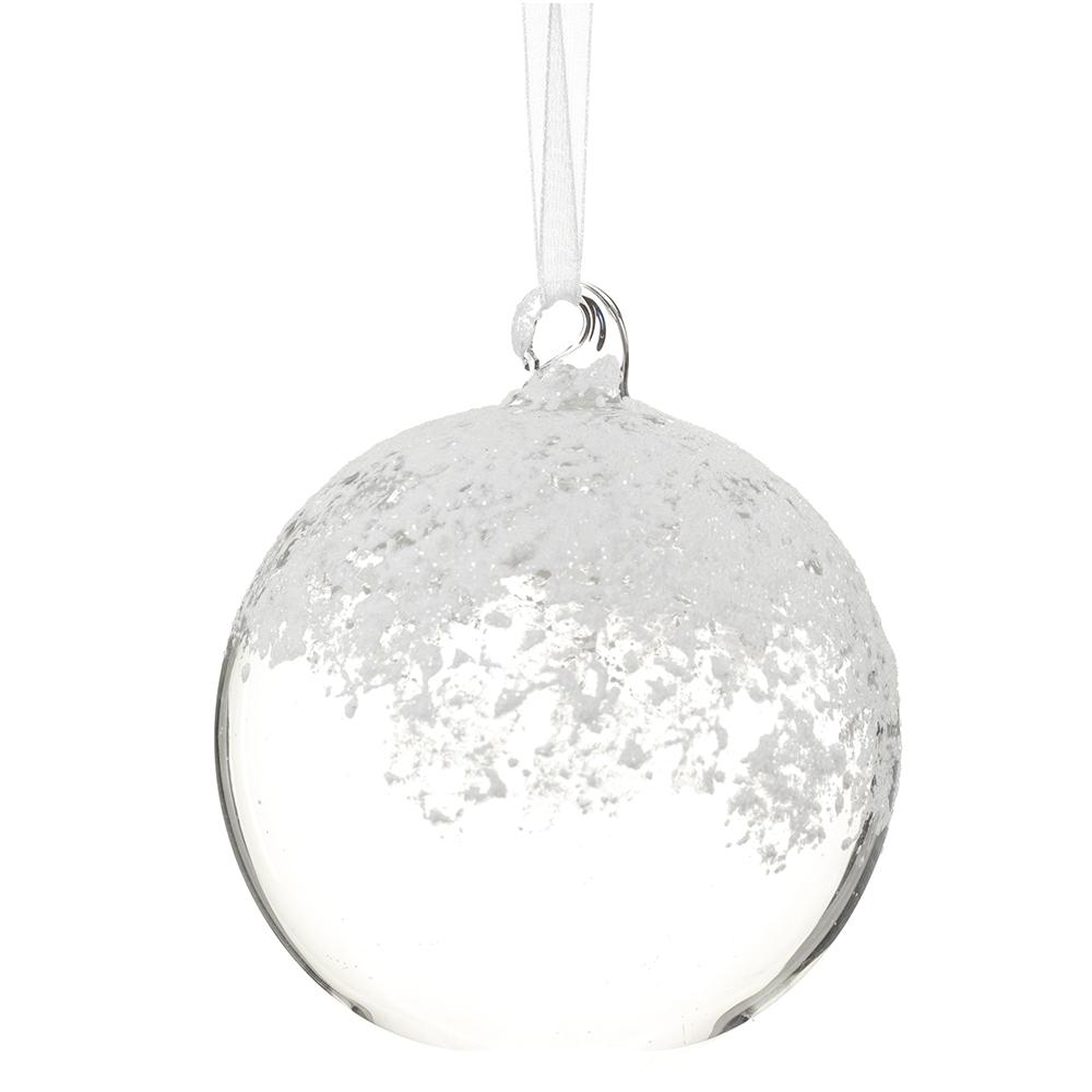 4" Clear Snowed Glass Ball Ornament