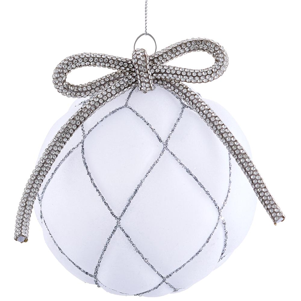 4" White Velvet Diamond Bow Glass Ball Ornament