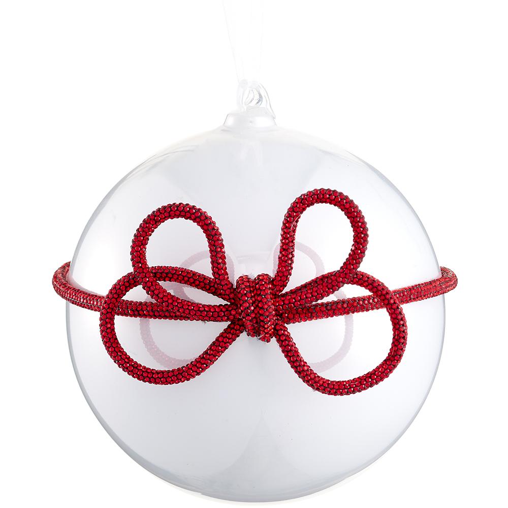 6" Pearl Red Diamond Bow Ball Ornament