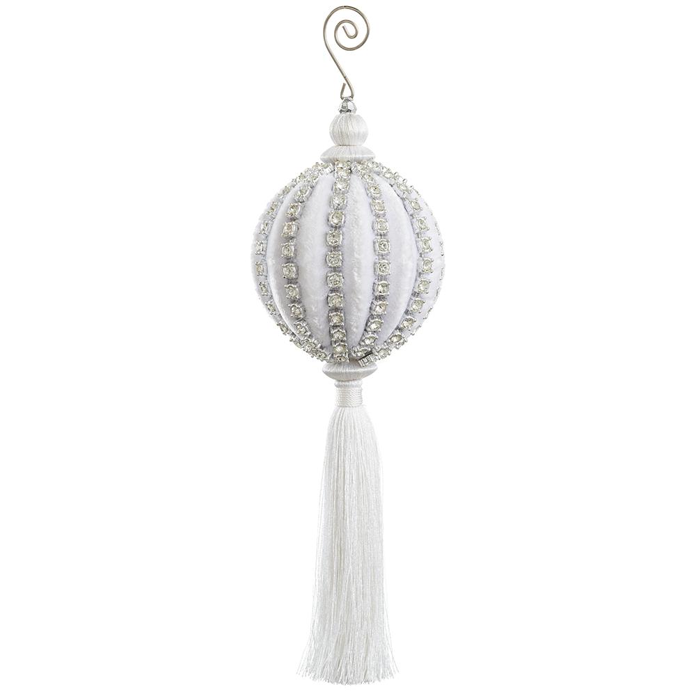 11" Diamond Trim Velvet Ball Ornament w/ Tassel White Silver