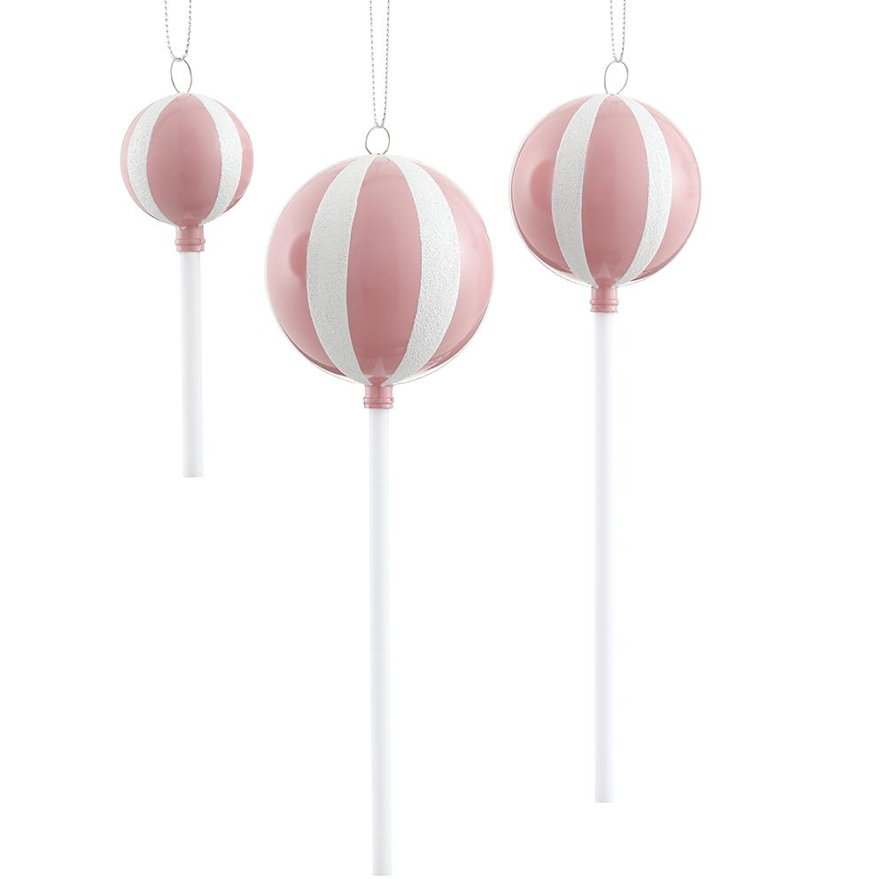 Set/3 4"-8" Lollipop Ornaments Pink White
