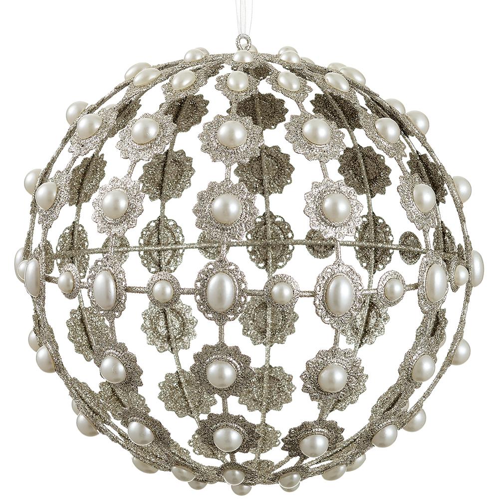 8" Filigree Ball Glittered Pearl Ornament Silver